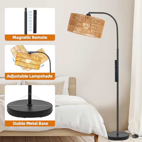 Brilvibera Boho Floor Lamp for Living Room with Remote Control | Rattan Standing Lamps with Dimmable Bulb, Adjustable Rattan Lamp Shades Bohemian Over Couch Lamps for Bedroom, Office - style: Modern-Black