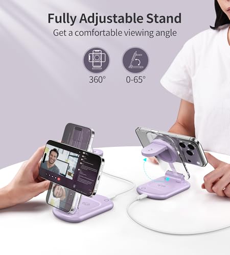 Mukiya 3 in 1 Magnetic Wireless Charging Station for Apple Devices | Fast Travel Charger Stand with Night Light for MagSafe-enabled iPhone 17 16 15 14 13 12 Series, Apple Watch/AirPods Pro, PU - color: Purple