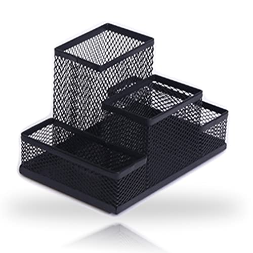 Desk Organizer Desktop Mesh Pen Pencil Holder Caddy with 4 Compartments, Office Home School Classroom Accessories Cool Supplies - color: Black