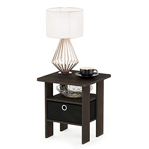 Furinno ANDREY Square Side Table, End Table, Night Stand, Dark Brown | Open Shelves, Storage Bin, Soft-Corner, Modern Bedside Table for Small Spaces, Study, Dorm, Living Room, Bedroom - color: Dark Brown/Black, size: 1-Pack, Center Bin