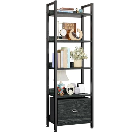 Furologee 5 Tier Bookshelf with Drawer, Kitchen Bakers Rack with Storage, Tall Narrow Bookcase, Industrial Free Standing Display Shelf, Wood and Metal Book Shelf for Bedroom, Living Room, Black - color: Black Oak, size: 5 Tier -1 PCS