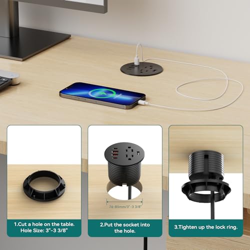 QBA Recessed Power Grommet with USB Data Transfer, Desk Charging Station with USB-C 35W，2 AC Outlets, 3 Inch Flush Mount Power Outlet for Home Office Furniture - color: Black-USB Data Transfer