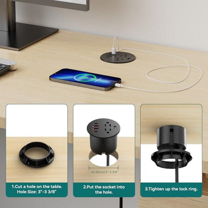 QBA Recessed Power Grommet with USB Data Transfer, Desk Charging Station with USB-C 35W，2 AC Outlets, 3 Inch Flush Mount Power Outlet for Home Office Furniture - color: Black-USB Data Transfer