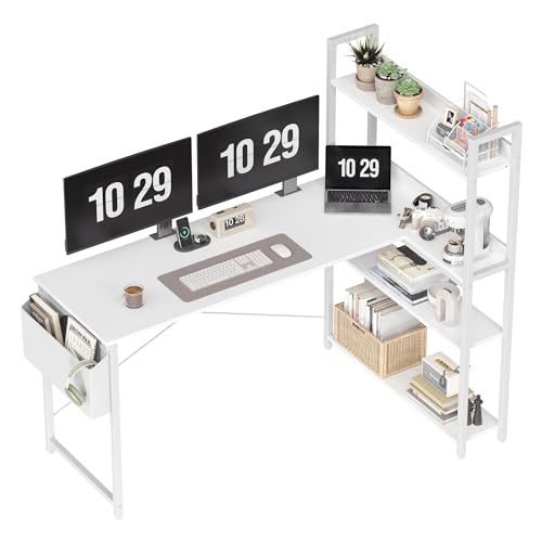 Treesland 55 Inch Computer Desk with Bookshelf, Corner Desk with Storage, L Shaped Desk, Home Office Desks, Writing Study Desk for Bedroom, White - color: White, size: 55 inch