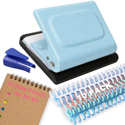 10 Hole Punch Binding Machine for Planner, Manual Binding System with 10 Multi-Color Binder Rings for Making 26 Holes on B5, 30 Holes on A4, 20 Holes on A5 Book, 10 Sheet Capacity (Blue) - color: Blue