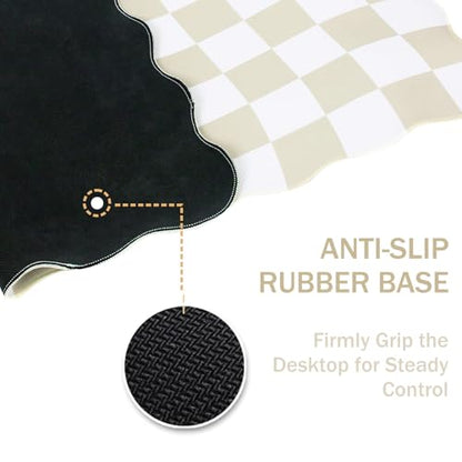L-SPOUTTO Beige Checkered Mouse Pad,Scalloped Desk Mat XXL Gaming Mousepad | Geometric Large 35.4x15.7in Non-Slip Rubber Base Keyboard Pad Waterproof Desktop Mat for Laptop Computer Game Home Office - color: Beige Checkered