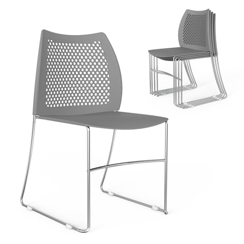 VINGLI 5 Pack Plastic Stacking Chairs, Stackable Office Chairs, Grey | Stackable Office Chair with Metal Sled Base, Ergonomic Plastic Seat & Holes Back, Multiple Use for Waiting Break Room Banquet - color: Grey, size: 5 Pack