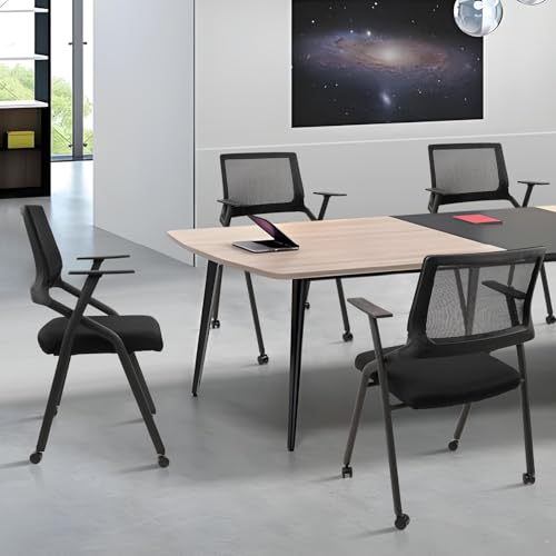CLATINA Stackable Foldable Conference Room Chairs with Wheels, Portable Padded Office Desk Chair with Lumbar Support and Armrest for Training Room, Guest, Reception, Black (2pk)