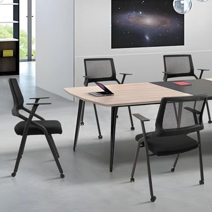 CLATINA Stackable Foldable Conference Room Chairs with Wheels, Portable Padded Office Desk Chair with Lumbar Support and Armrest for Training Room, Guest, Reception, Black (2pk)
