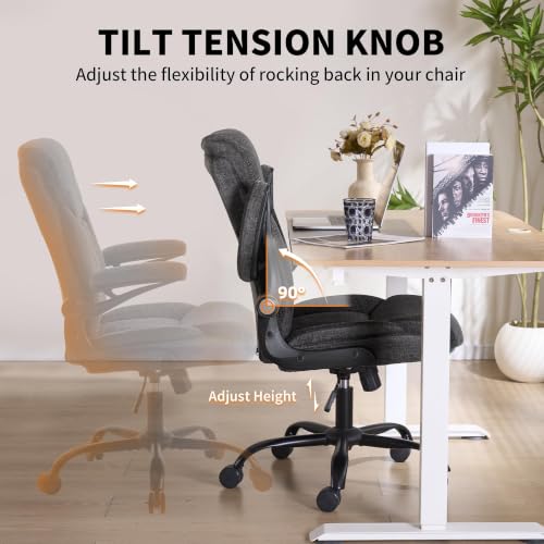Ergonomic Home Office Chair Fabric Comfy Computer Chair, Grey | Flip-up Armrest, Height Adjustable, Lumbar Support, 360° Swivel Wheels Managerial Executive Chairs for Work Gaming Home Use - color: Grey