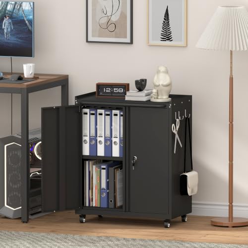 Metal Cabinet with Wheels, Steel Cabine with Locking Doors, Small Cabinet with Adjustable Shelf, Tool Cabinets for Garage, Suitable for Home Office, Garage, Office - color: 32"h - Black