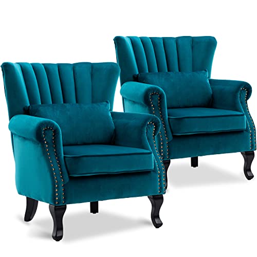 LZAREAL Accent Reading Arm Chairs Set of 2 Midcentury Modern Comfy Corner Sofa Chair, Wingback Waiting Room Club Chair with Tufted Back for Living Room/Bedroom/Reception Room, Velvet Teal - color: Teal, size: 2 Chairs