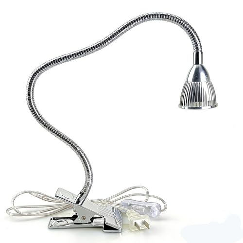 QUANS 5W High Power Clip-on Flexible Gooseneck Cool White LED Desk Light | 19 Inch Silver Adjustable Neck, 6000K 6500K, US Plug On/Off Switch, Metal Clamp for Sewing Study Bedside Craft Work Lighting - color: Silver (Cool White) Non-Dim