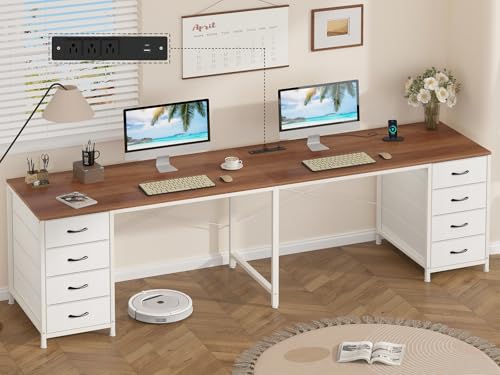 95" 2 Person Desk with 8 Fabric Drawers for Home Office, Living Room - color: Brown and White, size: 18.9"D x 94.5"W x 29.3"H