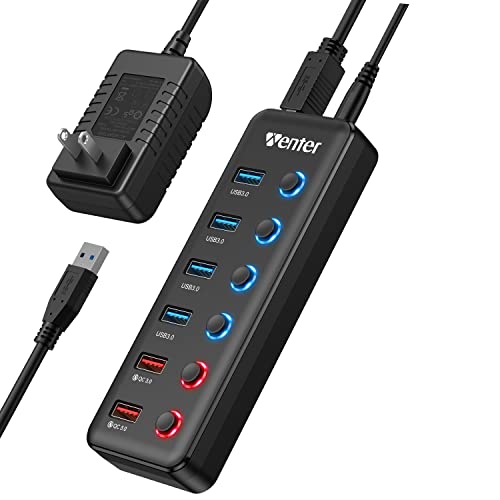 Powered USB Hub, Wenter 6-Port USB 3.0 Hub Splitter (4 USB 3.0 Data Ports + 2 QC 3.0 Fast Charging Ports) with Individual LED On/Off Switches, USB Hub 3.0 Powered with 36W AC Adapter for Mac, PC - size: 4 USB 3.0 Ports + ２Fast Charging ports