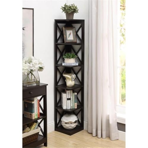 Convenience Concepts Oxford Corner Bookcase 12" - 5-Tier Slim Farmhouse Bookcase for Modern Living & Family Room, Media Storage Organizer for Home Office Library, Tall Shelving Unit, Espresso - color: Espresso