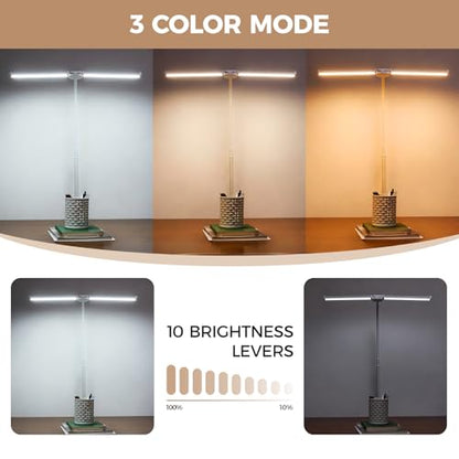 Voncerus LED Desk Lamp for Home Office, Double Head Desk Light with Clamp - color: White Pro