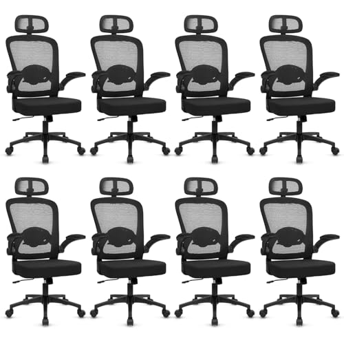 KLASIKA Desk Chairs with Wheels, Ergonomic Mesh Back Home Office Chair with Headrest, Adjustable Lumbar Support Swivel Rolling Computer Chairs with Flip Up Arms for Conference Meeting Room, Black, 8PK - color: Black_villy_headrest, size: 8PK