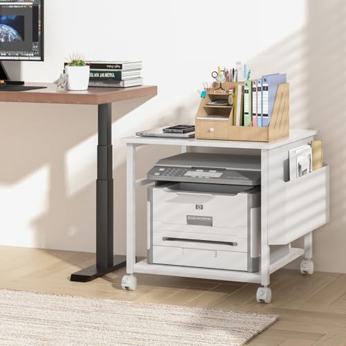 Lerliuo White Large Printer Stand with Storage | 23.6" W x 23.6" D x 22.8" H Printer Table for Home Office, Rolling Printer Cart Holder with Lockable Wheels & Side Pocket - color: White