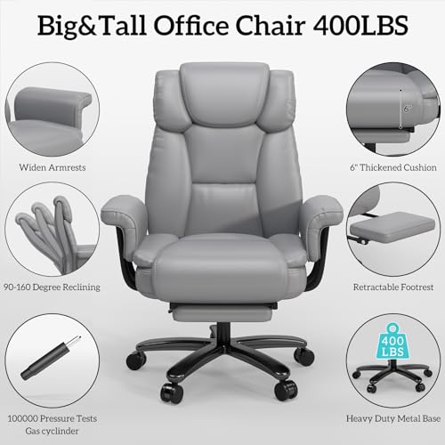 GYI 160 Reclining Office Chair with Footrest, Big & Tall Desk Chair, Grey | Cross Legged Seat, High Back, Faux Leather, Heavy Duty Base, Adjustable Height, for Home, Executive - color: Grey
