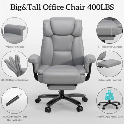 GYI 160 Reclining Office Chair with Footrest, Big & Tall Desk Chair, Grey | Cross Legged Seat, High Back, Faux Leather, Heavy Duty Base, Adjustable Height, for Home, Executive - color: Grey