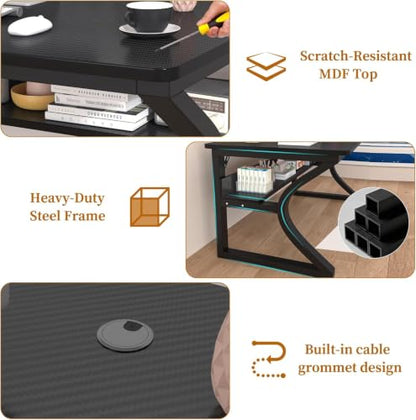 47'' Computer Desk Home Office Desk, Modern Computer Desk w/U Shaped Metal Frame, Storage Shelves, PC Table Study Writing Desk Workstation for Home Office (55inch/Carbon Fiber Black) - size: 55inch/Carbon Fiber Black