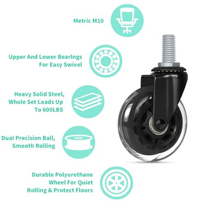 Hirate 3 inch M10 x 20mm Threaded Stem Swivel Caster Wheels with Nylon Nuts | Set of 4 Rubber Caster Replacement , Heavy Duty PU Durable Swivel Wheels, Metric Stem No Brake for Home Furniture Carts