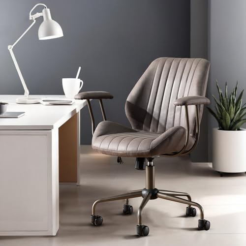 Mid Back Home Office Chair, Mid Century Modern Executive Chair, Comfy Ergonomic Rolling Office Desk Chair with Lumbar Support, Faux Leather Office Chair, Dark Gray - color: Dark Gray,suede Fabric, size: Standard Mid Back