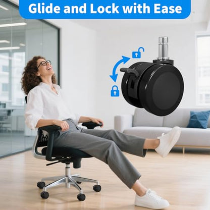 MySit 11x22mm Office Chair Caster with Brake for Hardwood Floors Set of 5 | Heavy Duty Mute PU Stool Caster Wheels Replacement Easy Installation - size: 11x22mm(Large Stem)