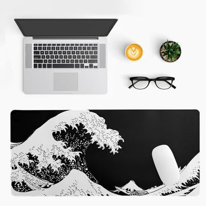 Japanese Sea Wave Large Mouse Pad, Abstract Black Gaming Mousepad, Extended Kanagawa Mat Desk Pad, 3mm Thick Long Non-Slip Rubber Base Mice Pad for Office and Home, 31.5x11.8 Inch - color: Sea Wave 2