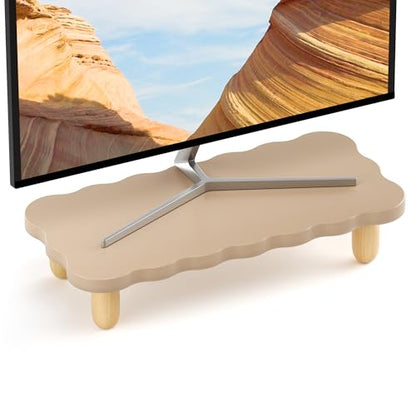 AFOOYO Monitor Stand Riser,Cookie-Shaped Sturdy Wood Computer Monitor Stand, Monitor Stand Riser, Multi-Purpose Desktop Organizer Riser for Computer,Laptop,Printer,TV,khaki