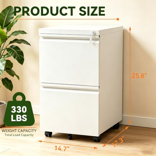 SAWJEC 2 Drawer Rolling File Cabinet Fully Assembled, White | Fully Assembled, Metal Under Desk Filing Cabinet with Lock & Wheels, 17"D x 15"W x 26"H, Letter/Legal/A4, for Home Office - color: White, size: 26"H x 15"W x 17"D