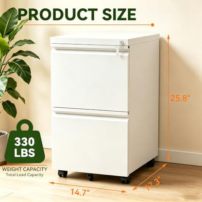 SAWJEC 2 Drawer Rolling File Cabinet Fully Assembled, White | Fully Assembled, Metal Under Desk Filing Cabinet with Lock & Wheels, 17"D x 15"W x 26"H, Letter/Legal/A4, for Home Office - color: White, size: 26"H x 15"W x 17"D