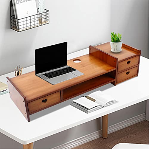 Monitor Stand Riser with 3 Drawers 2-Tier Bamboo Wood Computer Riser for Desk Home Office Desktop Stand Storage Organizer for TV Laptop Computer PC