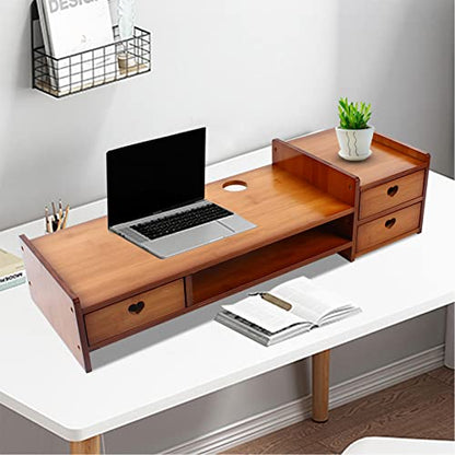 Monitor Stand Riser with 3 Drawers 2-Tier Bamboo Wood Computer Riser for Desk Home Office Desktop Stand Storage Organizer for TV Laptop Computer PC