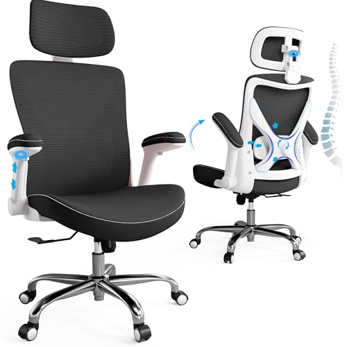 Ergonomic Office Chair:Home Office Desk Chairs with Headrest Lumbar Support | Ergalithic Ergonomic Desk Chair X-Shaped Mesh PU Leather Executive Computer Chair High Back Flip-Up Arms for Long Hour - color: Light Black