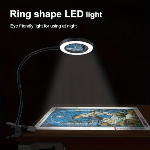 Diamond Painting Tool with Magnifying Glass + Lighting, Clip-On 5V USB LED Magnifier - 3 Color Modes, 10 Brightness Levels, Hands-Free 10x Magnifying Lamp with Flexible 14.9" Gooseneck