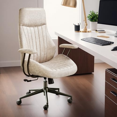 HOOOWOOO Faux Suede Leather Home Office Chair,MCM Modern Ergonomic Task Work Chair,Computer Desk Chair with Cushion Seat Lumbar Support Reclining High Back for Long Hours(Beige) - color: Beige-cushion Seat, size: High Back