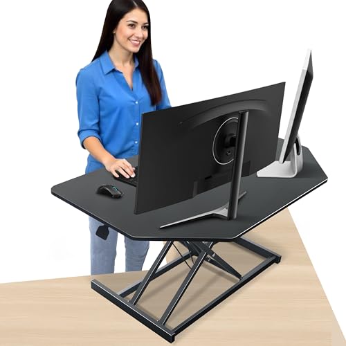 Aconcept 40 inch Black Corner Height Adjustable Standing Desk Converter, One-Click Sit to Stand up Desk Riser, Pre-Assembled for Dual Monitor and Laptop Workstation - color: Black, size: 40"