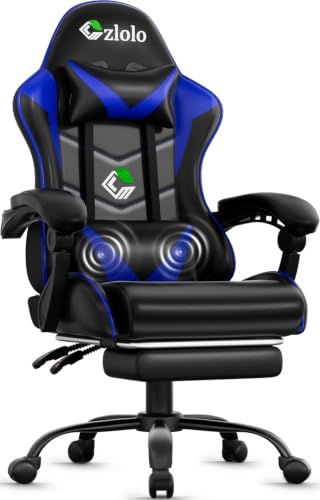 Czlolo Gaming Chair with Footrest Racing Style Lumbar Support Massager Video Game Chair with Metal Legs, High Back Reclining Gamer Chair with Headrest, 360° Swivel Office Computer Desk Chair (Blue) - color: Blue