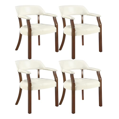 LEEMTORIG Set of 4 Faux Leather Dining Chair with Arms, Dining Chair with Supportive Back, Game Poker Table Chairs, Boss Caption's Chairs Office Desk Chairs, Cherry Walnut Legs & Ivory PU NX173C - color: Cherry Walnut Legs & Ivory Pu, size: Set of 4