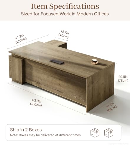 63" Reversible L-Shaped Executive Desk with Drawers, Compact Executive Office Desk with Storage Shelving, Built-in Outlets & USB Ports for Home, Office, Corporate, School (Tobacco Wood)