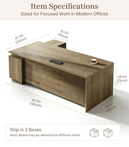 63" Reversible L-Shaped Executive Desk with Drawers, Compact Executive Office Desk with Storage Shelving, Built-in Outlets & USB Ports for Home, Office, Corporate, School (Tobacco Wood)