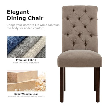 COLAMY Button Tufted Dining Chairs Set of 2, Parsons Upholstered Fabric Dining Room Chair Kitchen Chairs with Wood Legs and Padded Seat, Taupe - color: Taupe, size: set of 2