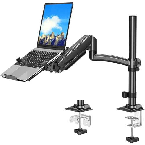 MOUNTUP Laptop Desk Mount, Adjustable Laptop Stand for max 17" Notebook or 32" Monitor, Laptops Arm Mount for Desk Holds 4.4-22lbs, Tall Laptops Stand with Clamp/Grommet - size: Single-With Pole