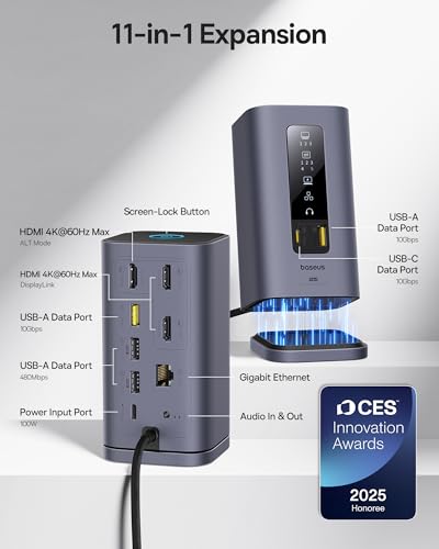 Baseus Spacemate Docking Station, 11-in-1 USB-C DisplayLink Docking Station for macOS Laptop, Triple Display with 4K HDMI, 10Gbps USB-C & USB-A, Ethernet, Audio, 100W PD Charging (Driver Required)