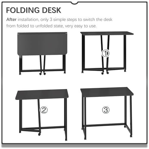 4NM 31.5" Mobile Small Folding Desk, Foldable Rolling Computer Home Office Desk, Study Writing Table for Small Space Saving Bedroom, with Wheels - All Black - color: All Black, size: 31.5"W x 15.7"D