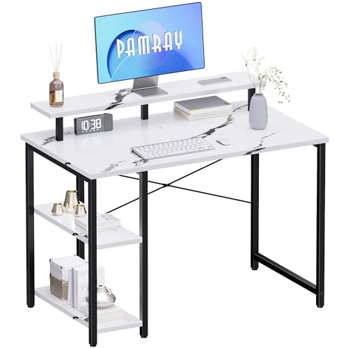 Pamray 33.5 Inch Small Computer Desk with Monitor Stand and Shelves | Sturdy, Space-Saving, Easy Assemblely, Suitable for Bedroom, Office, Apartment and Dorm, Used for Writing and Studying - color: Marble