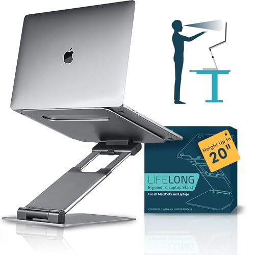 Lifelong Aluminum Adjustable Laptop Stand, Extra Tall 20" Riser, Grey | Ergonomic Portable Foldable Computer Stand, Fits 10-17” Laptops for Office Meetings, Teamwork & Desk Setup - color: 1. Grey, size: 1. Up to 17" Laptop