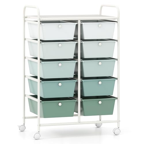 COSTWAY 10 Drawer Rolling Storage Cart, Utility Cart with Lockable Wheels | Mobile Art Supply Craft Organizer with Metal Frame, Multipurpose Drawer Cart for Paper for Office, School, Green Gradient - color: Green Gradient, size: 10 Drawer